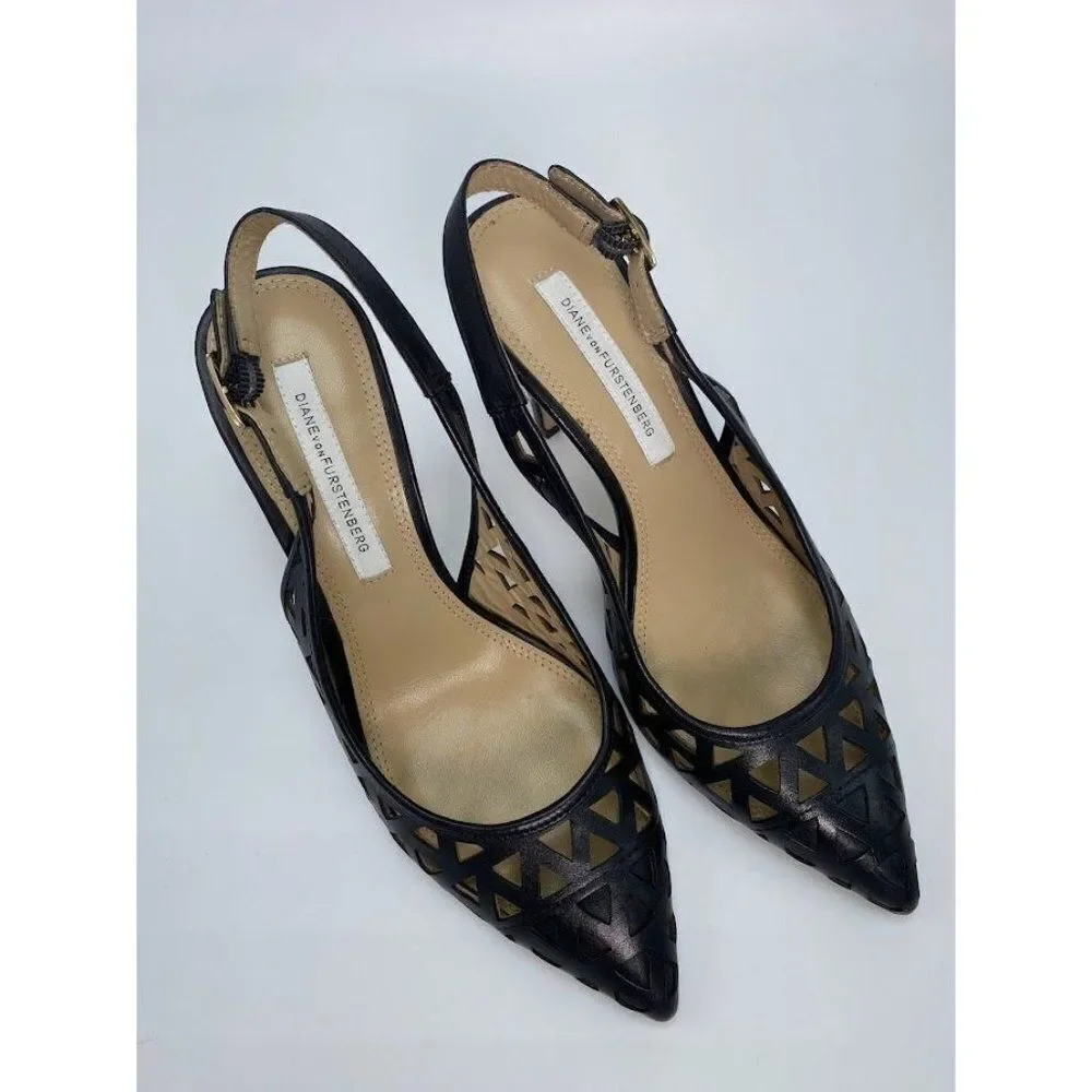 Diane von Furstenberg DVF Addison Black Leather Slingback‎ Heels Shoes Sz 7